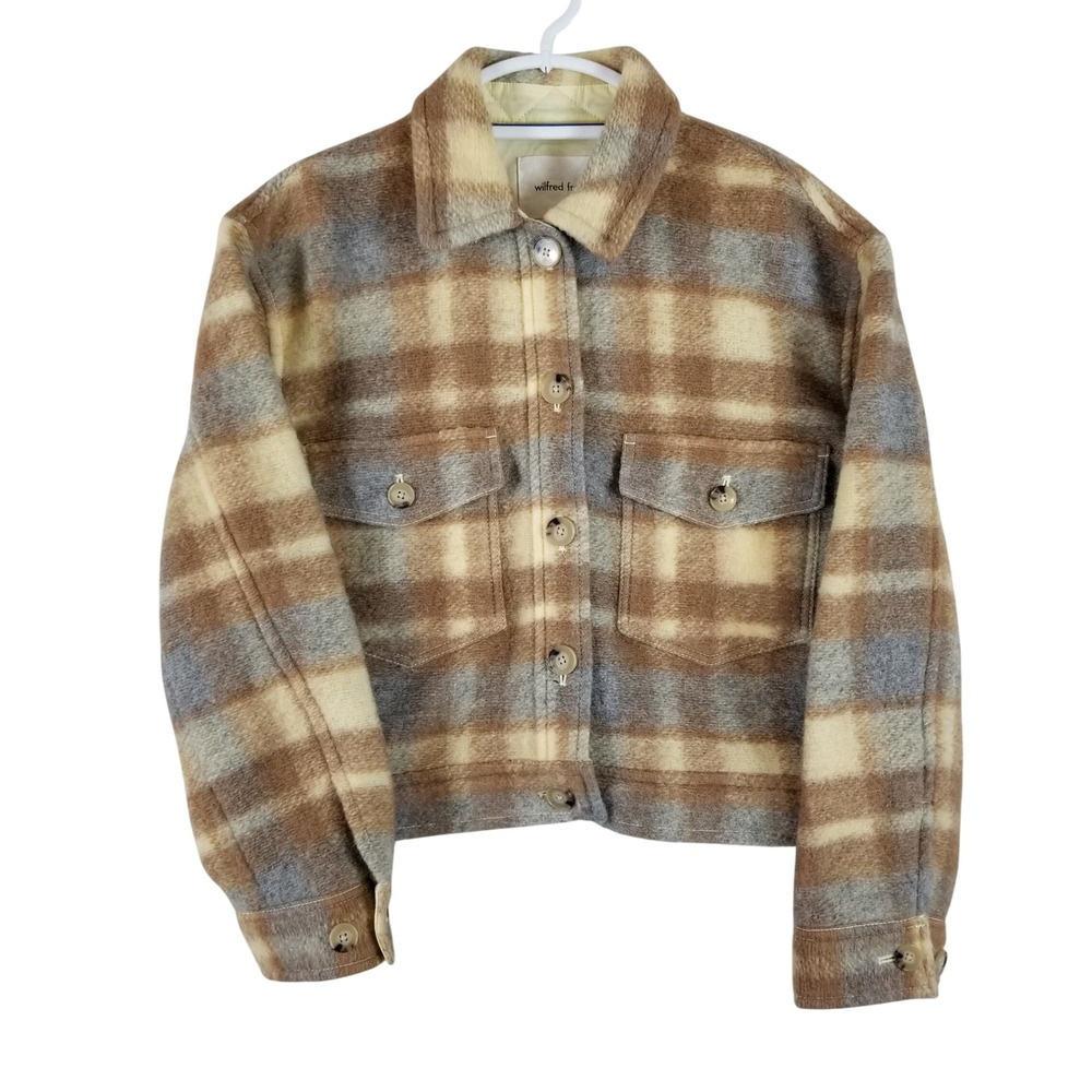 Wilfred Free Shacket Women Medium Brown‎ Plaid Wool Blend Cropped Gorpcore 84071